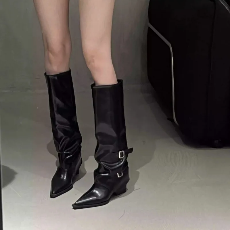 

Ruffled Boot Pointed Toe 2026 Women's Buckle Style Flapper Long Boots High-topped Knight Boots