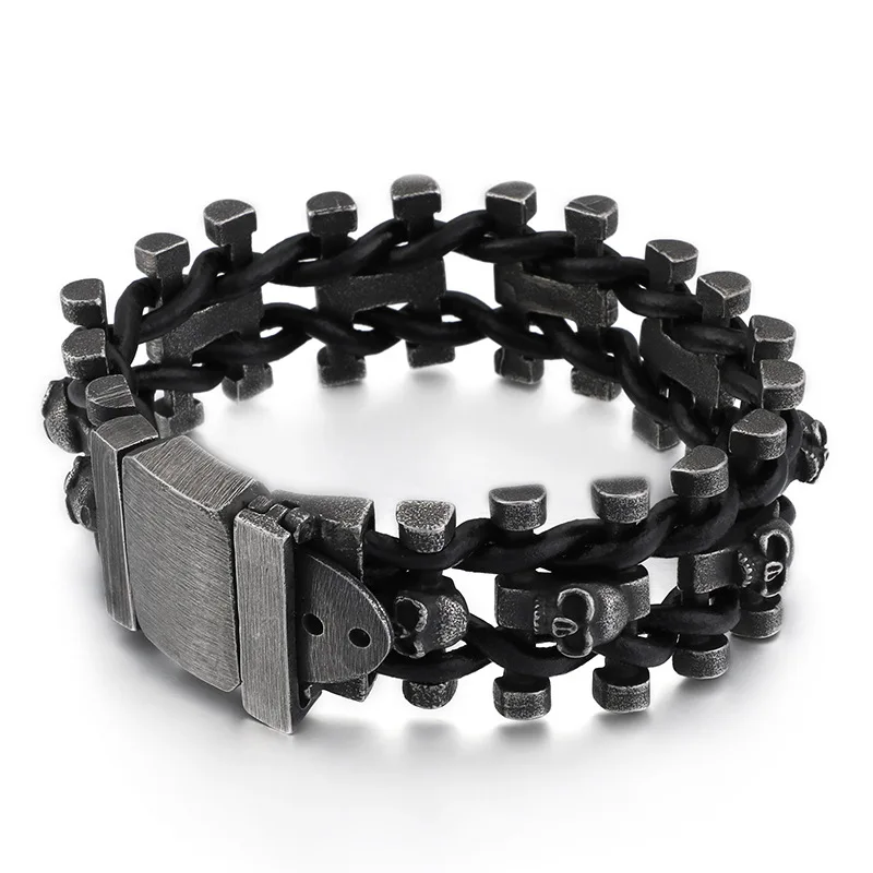 Stainless Steel Skull Head Leather Bracelet for Men Vintage Heavy Duty Biker Cuff Wristband Punk Rock Jewelry Personalized Gift