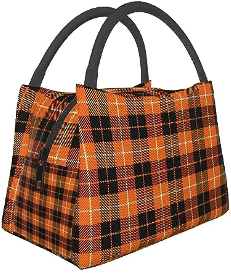 Halloween Lunch Bag Pumpkin Plaid Lunch Box Portable Travel Work Large Capacity Tote Bag for Women Men Lunch Box Bag