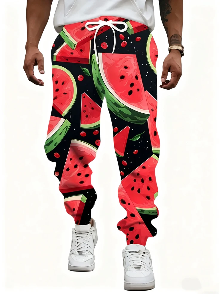 

New Men's 3D Watermelon Print Casual Pants Outdoor Breathable Athletic Pants Stylish Drawstring Streetwear Trousers Mens Cuffed