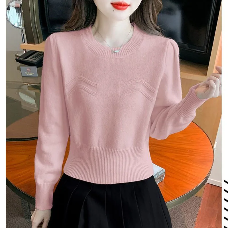 New Autumn Fashion Trend Solid Color Round Neck Short Loose Versatile Western Style Slimming Long Sleeve Knitted Women's Sweater