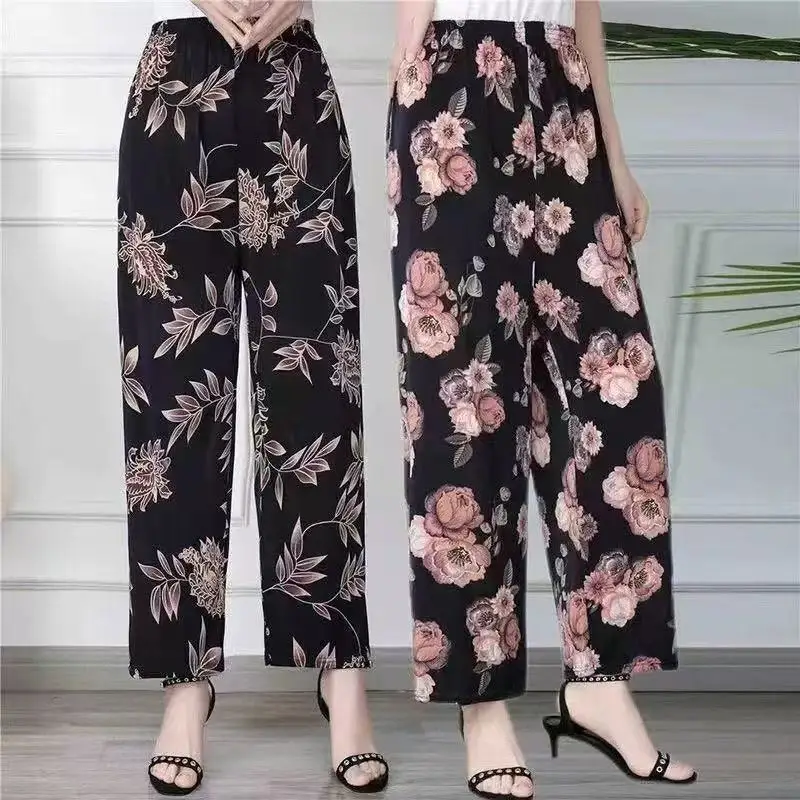 High Waist Straight Leg Pants Ice Silk Nine Points Thin Mom Casual Floral Pants Loose Fit Summer Leisure Trousers for Women
