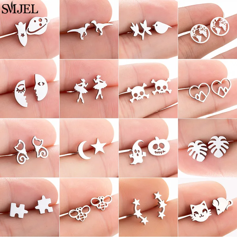 Stainless Steel Mini Stud Earrings for Women Minimalist Skull Leaf Cat Rocket Ballet Earings Fashion Jewelry Star Moon Ear Studs