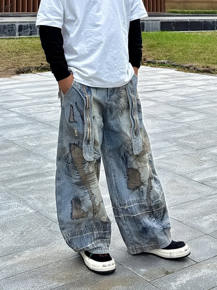 

Модные американские мужские джинсы с эффектом выцветания и эффектом потертости, прямые, свободного кроя, для повседневной носки и школы