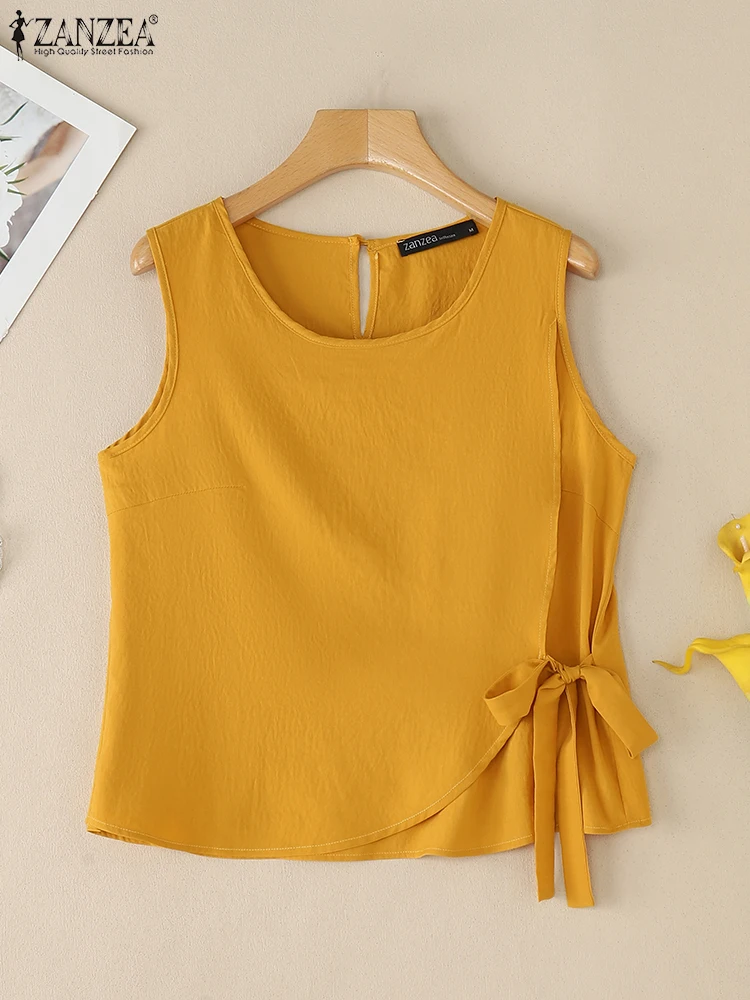 

ZANZEA Summer Tops Women Fashion Solid Color Tanks Sleeveless Bow Bandage Casual Tees Round Neck Elegant Street Loose Top Blusas