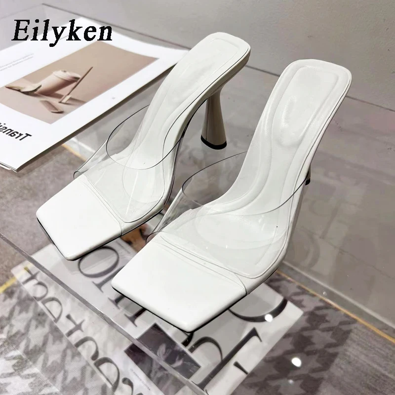 Eilyken 2024 NEW Square Toe Shallow Jelly Women Slippers Summer PVC Transparent Female Elegant Dress High Heels Slides Shoes