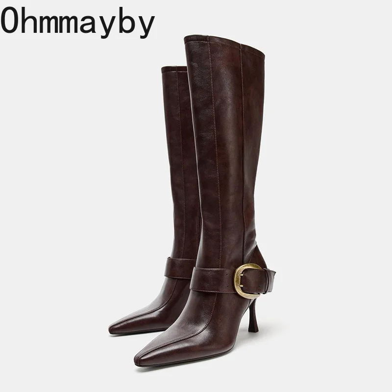 Women Pointed Toe Knee High Boots Buckle Stiletto Heel Leather Boots Back Zipper Slim Fashion Autumn Winter Ladies Boots