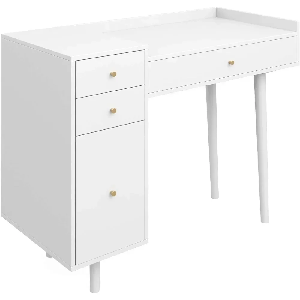 Dressing table with 4 drawers and brass characteristic knobs, white wood,