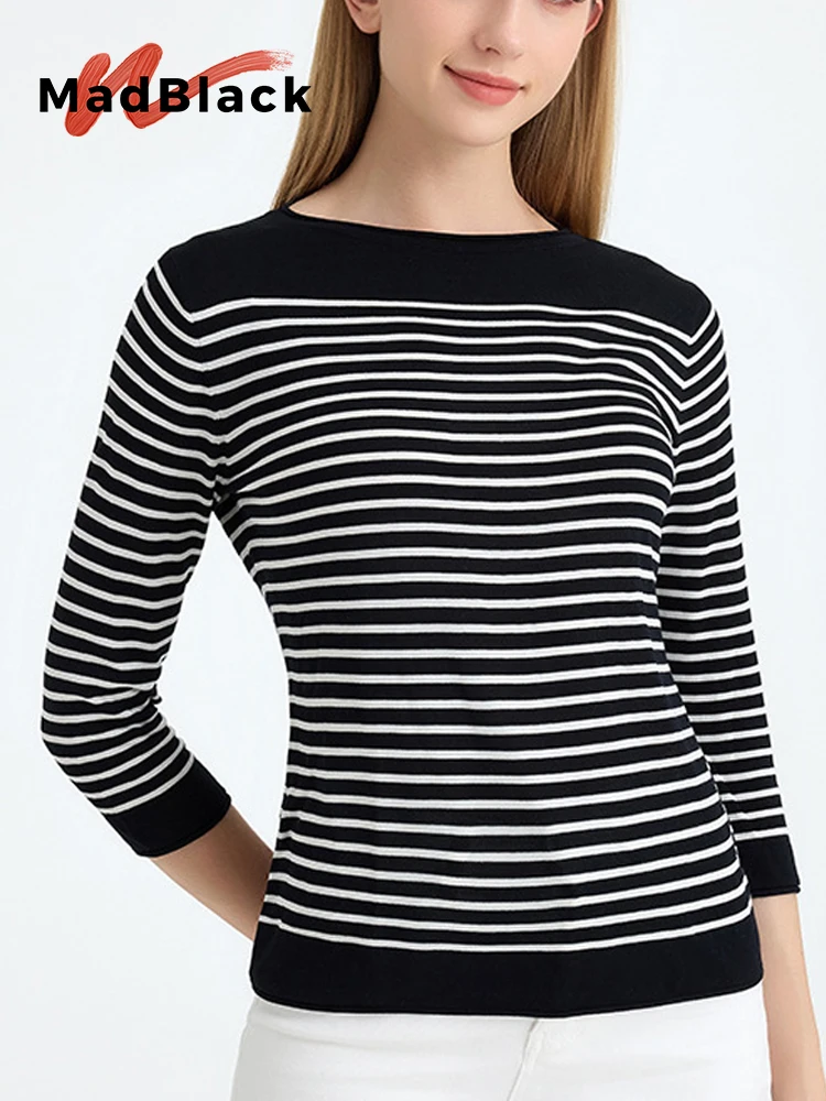 MadBlack-45%Silk 55%Lyocell Elegant Knit T-Shirt, 3/4 Sleeve O Neck Striped, Women Fashion Commute Top, 2026 Summer New T65716CC