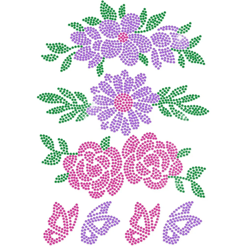 Colorful Flower Butterfly Rhinestone Iron on Hotfix Transfer Crystal Purple Pink Flower Green Leaves Decal Iron on Appliques