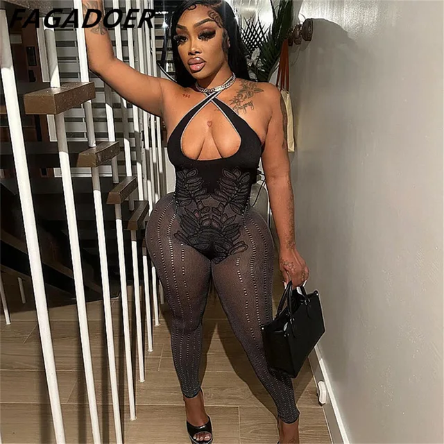 FAGADOER seksowna zagęszczona koronka Hollow Out Halter obcisłe kombinezony damskie bez rękawów Backless Slim Playsuits kombinezony damskie 2024