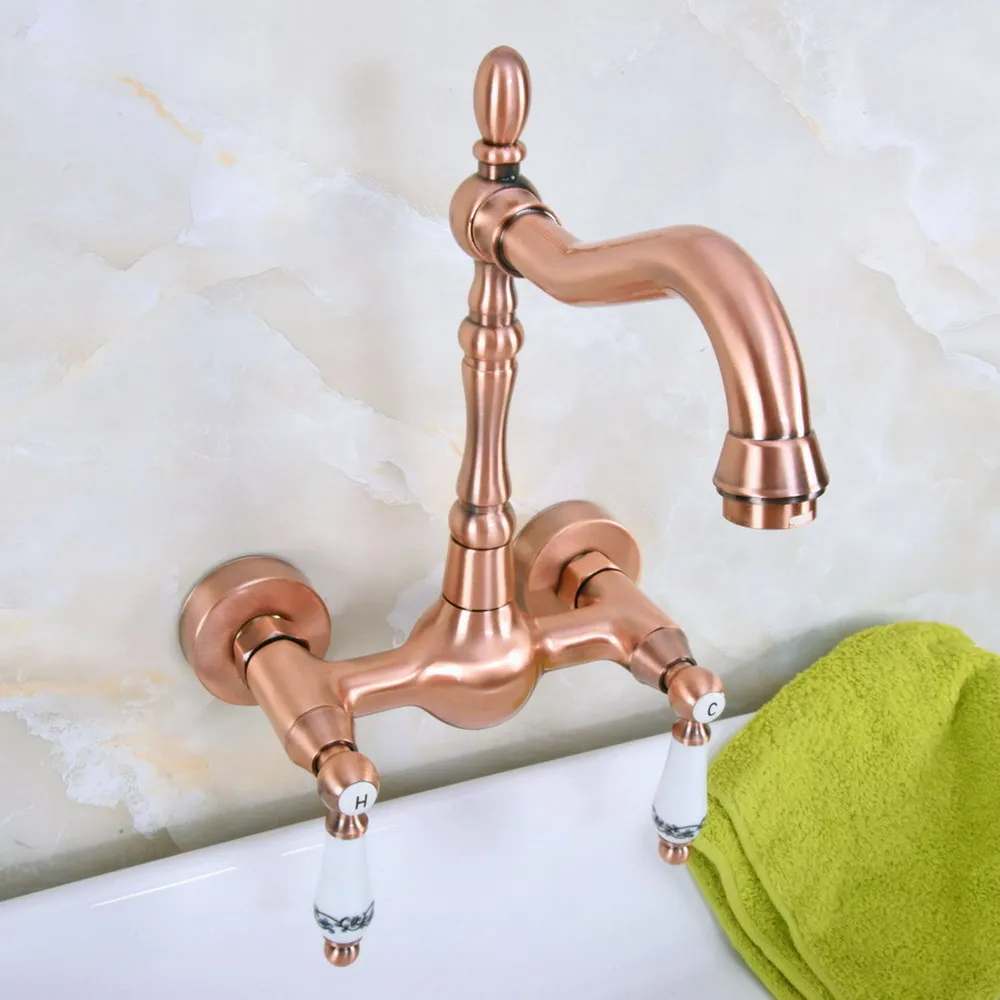 

Wall Mounted Antique Red Copper Brass Bathroom Kitchen Swivel Spout Faucet Mixer Water Tap anf952