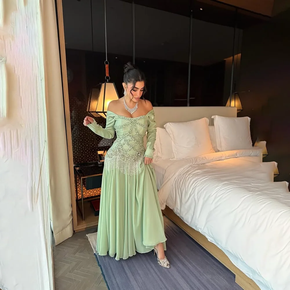 

Вечернее платье Sage по индивидуальному заказу с открытыми плечами и длинными рукавами, роскошные вечерние платья с кристаллами и кисточками, длинное вечернее платье трапециевидной формы 2025