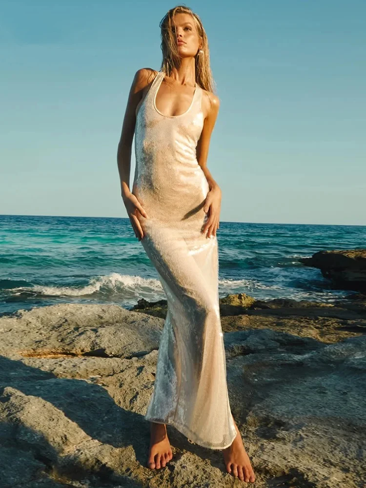 Nude meio transparente lantejoulas vestido longo oco para fora aberto de volta sem mangas moda cintura alta bodycon festa vestidos de noite
