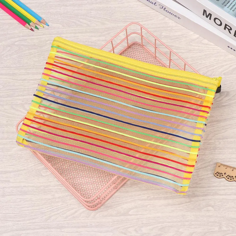 Simple Rainbow color Mesh Document Bag Multicolor Zipper Stationery Bag Nylon Bag Pencil Case Office Student School Supplies