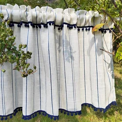 Blue Striped Cotton Linen Texture Short Curtains Translucent Short Curtains With Hairball Tassels for Kitchen, Café, Restaurant