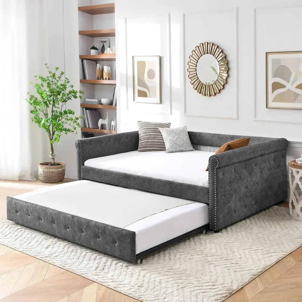 Fabric Upholstered Full Size Day Bed Button-Tufted Sofa Frame w/Twin Roll-Out No Box Spring Needed, Furniture