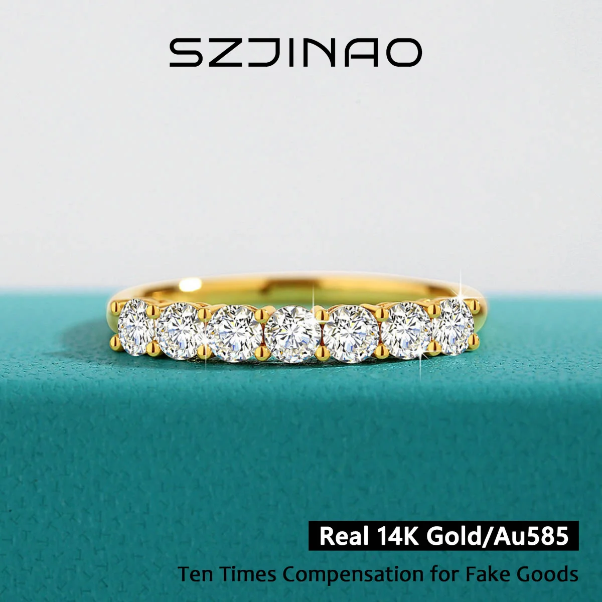 7 Stone Moissanite Ring 100% 14K Yellow Gold 585 dla kobiet Klasyczna biżuteria Zaręczyny Ślub B i prezenty świąteczne