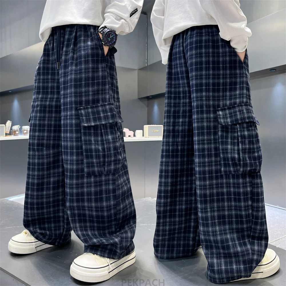 Spring Autumn Teenage Children Blue Plaid Cargo Pants with Side Pocket for Boys Casual Trousers Kids Loose Straight Sweatpants