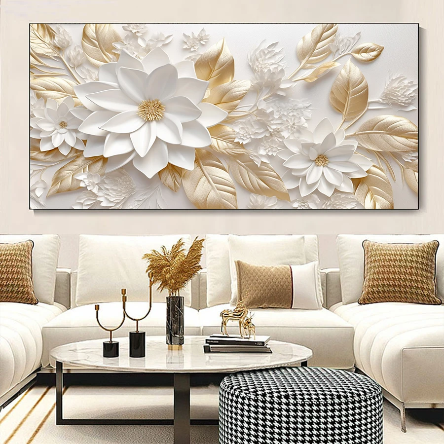 

Elegrant White Flowers and Gold Leaves Posters, Canvas Print Abstract Botanical Art Painting, Wall arts Decor, Modern Home Decor