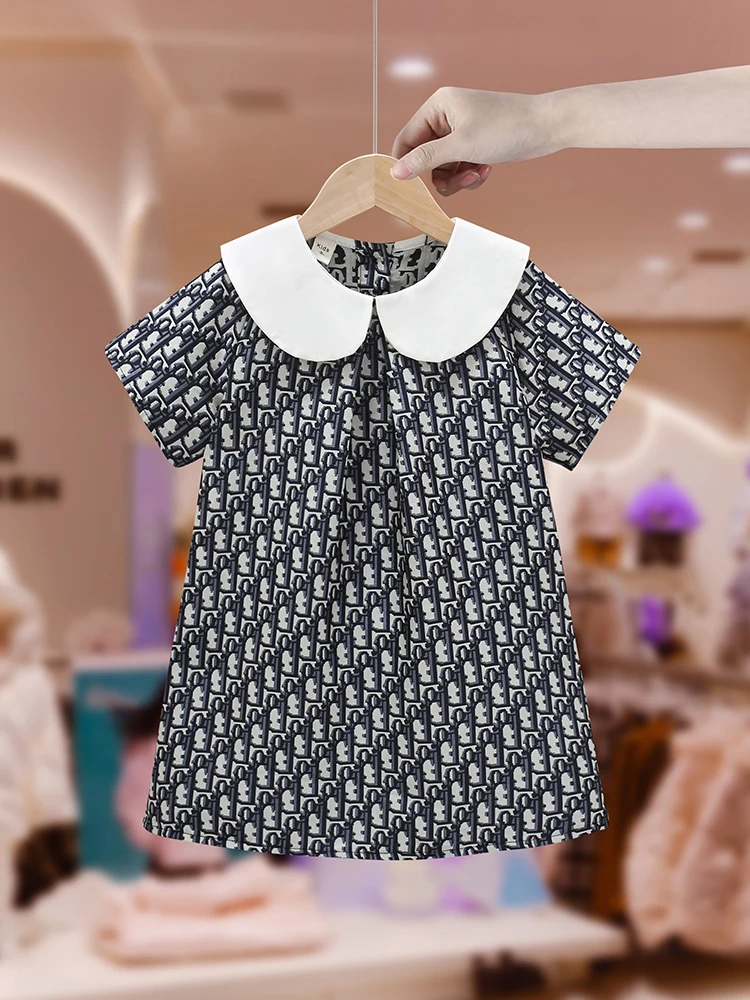 ファッショナブルな夏のプリントドレス女の子用ベビー薄手の綿ポリエステル混紡半袖ラウンドネックドレス韓国スタイル子供服