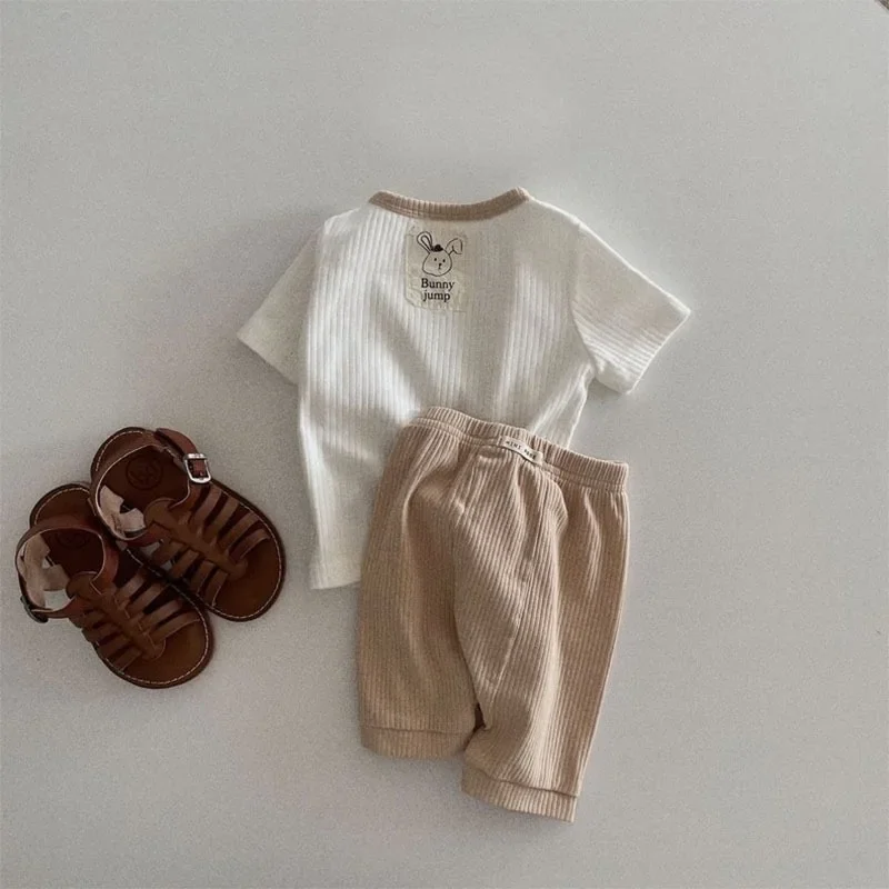 2022 Zomer Babysets Met Label Dunne Korea Kinderkleding Streep Korte Mouwen Shorts Tweedelige Set