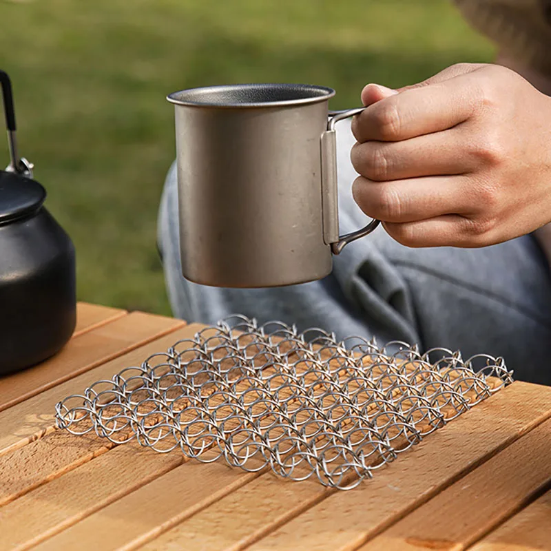 ISE MOUNT Outdoor Spring Insulated Mat Cup Mat Anti Heat Table Mat 304 Stainless Steel Camping Sand Pot Mat Spring Mesh