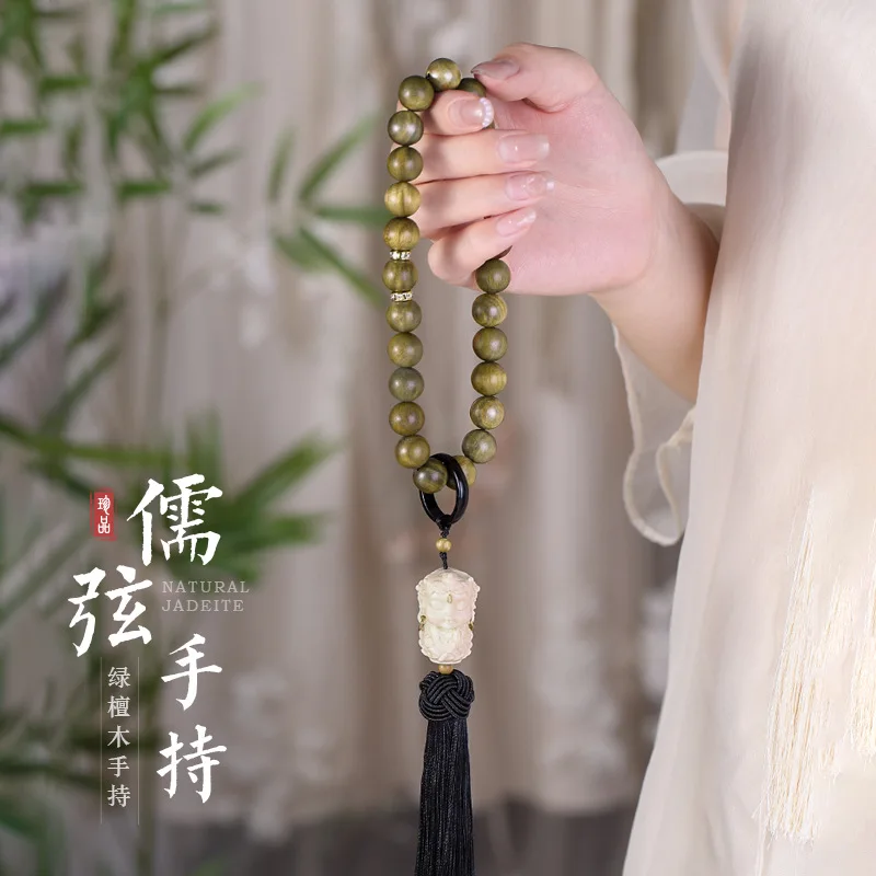 Natural Green Sandalwood Handheld Bodhi Bracelet Comes with A Fragrant Fragrance Tassel Style Buddha Beads Prayer Beads Jewelry