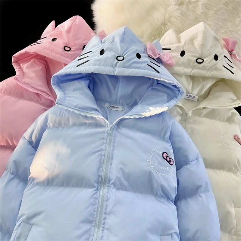 Sanrio Hello Kitty Zipper Down Jacket Cute Cartoon Print Coat Kawaii Solid Cotton Jacket For Student Casual Loose Coat For Women