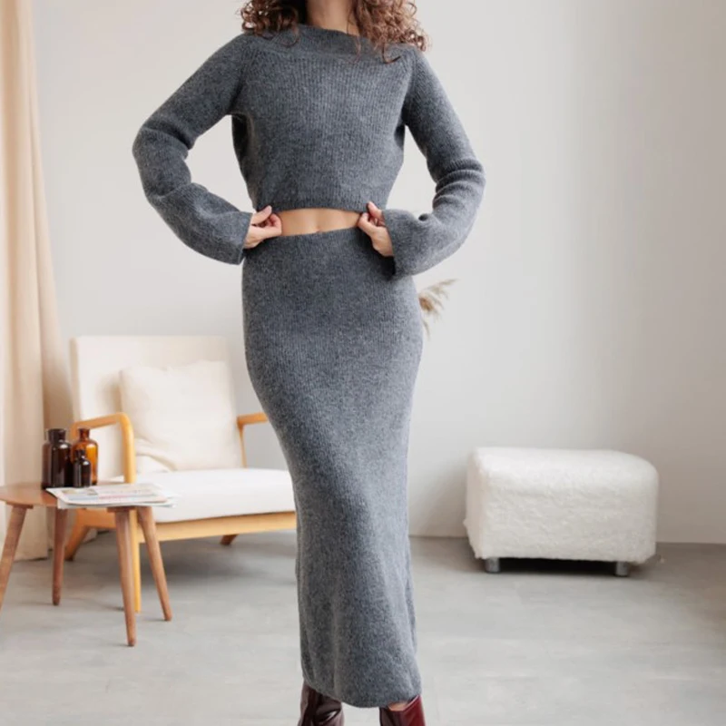 FADDISH 2024 Autumn Winter Women Fashion Bare Shoulder Long Sleeves Knit Sweater + Solid Color Casual Hip Wrap Skirt Set Female