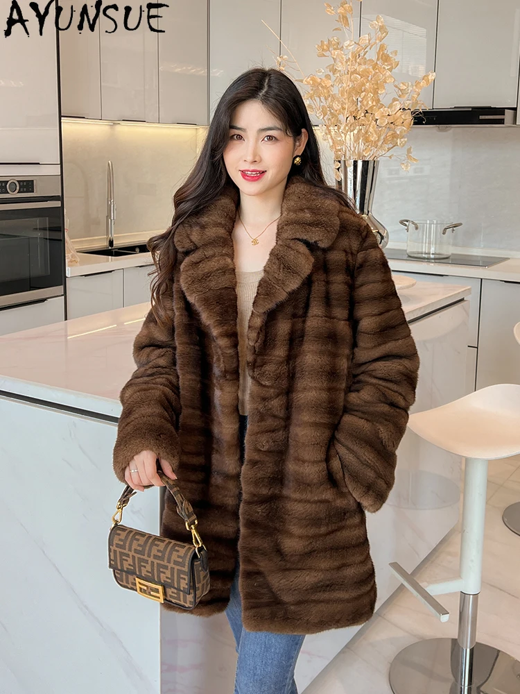 

AYUNSUE натуральный бархатный норковый мех, женская роскошная норковая шуба средней длины для женской одежды, высокое качество, 2025 Abrigo Mujer
