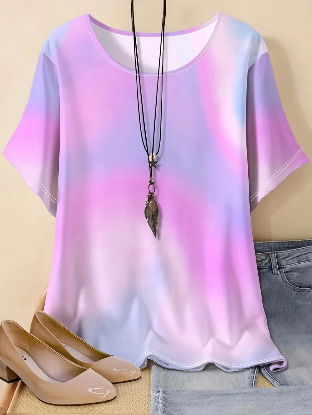 Farbverlauf T-Shirts 3D-Druck Damen Kurzarm-T-Shirt Lässige O-Ausschnitt Oberteile Y2k Tees Lockere Sommer Outdoor Damenbekleidung – Detail 7