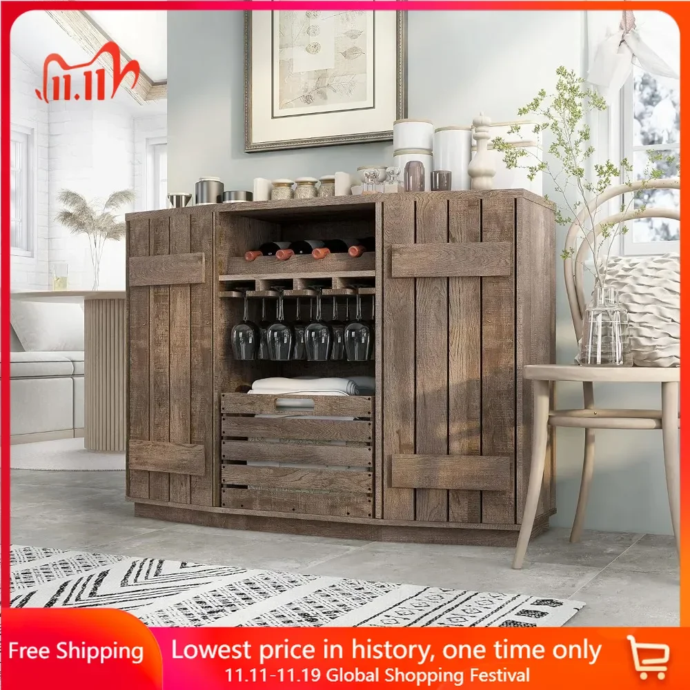 48 in Wine Cabinet with 2 Side Cabinets, 3 Shelves, Removable Crate and Four Bottles Wine Rack, Farmhouse Bar Cabinet