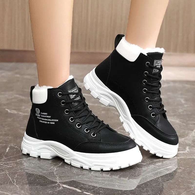 Frauen Dicke Sohlen Höhe Zunehmende Baumwolle Stiefel 2024 Winter Neue High Top Lace Up frauen Stiefel Plüsch Warme Student schuhe