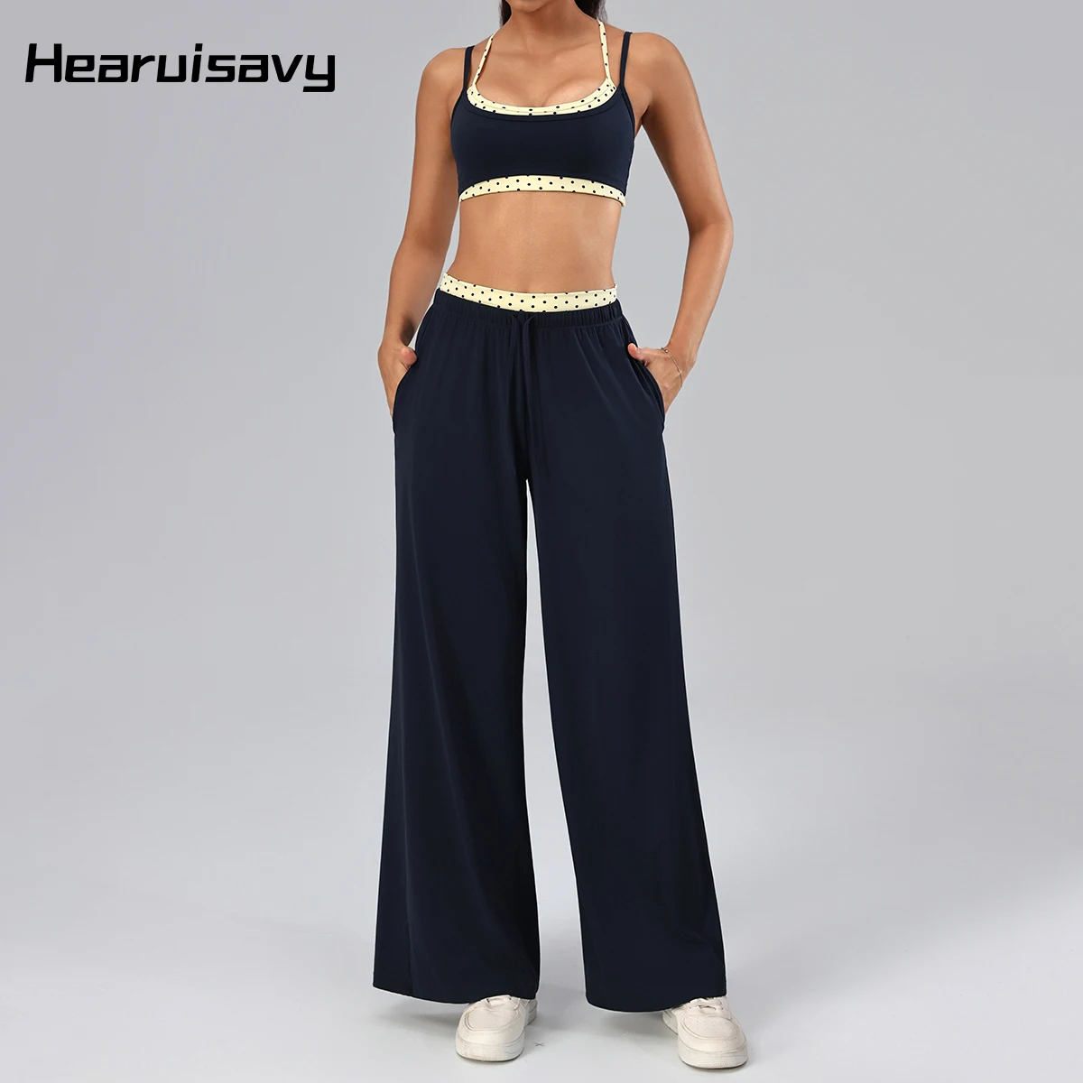 Hearuisavy Yoga Set 2Pcs Women Polka Dot Cross Back Sports Bra High Waist Wide Leg Straight-Leg Pants With Pockets Fitness Suits