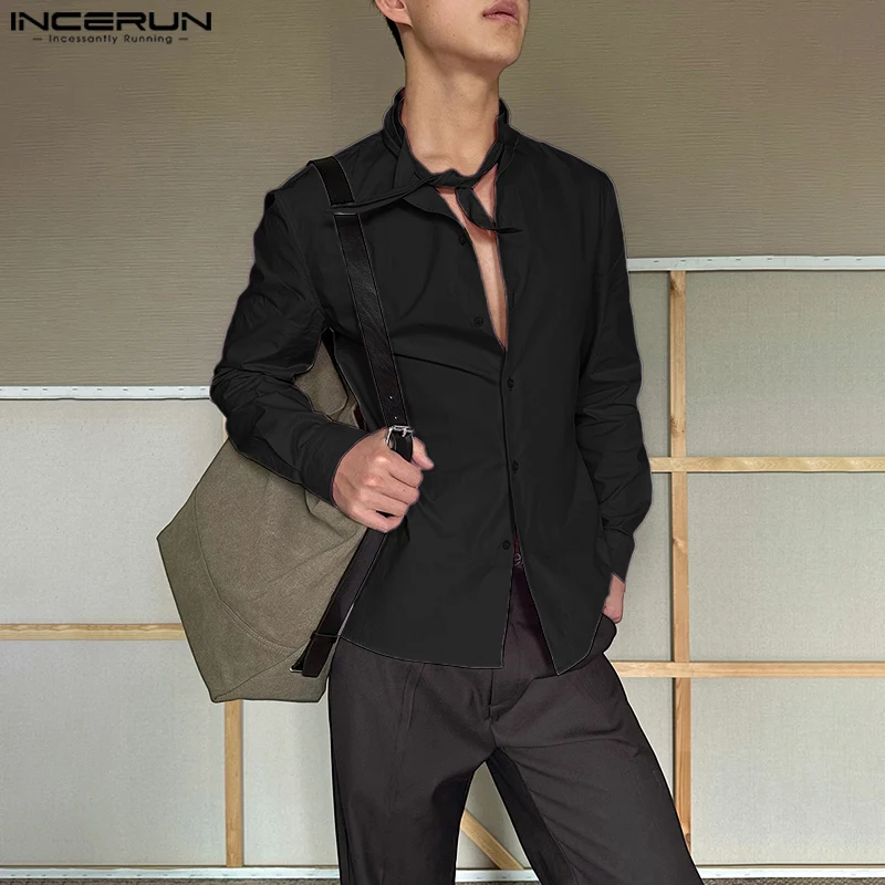 

INCERUN Men Shirt Solid Color Lapel Long Sleeve Lace Up Casual Men Clothing Streetwear Loose 2025 Fashion Male Shirts S-5XL