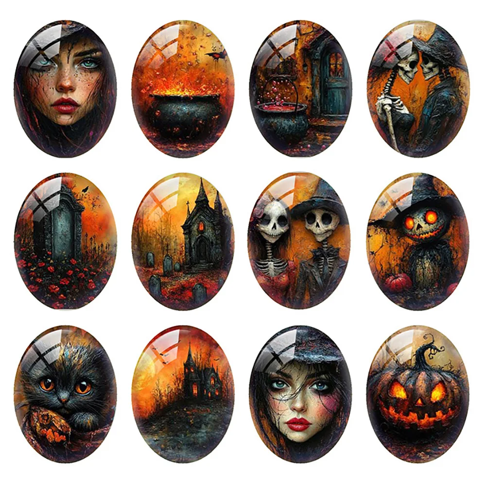 

10pcs/lot Halloween Horror Gothic Cat Pumpkin Wizard Cauldron Oval Photo Glass Cabochon Flatback Demo Cameo Diy Jewelry Making