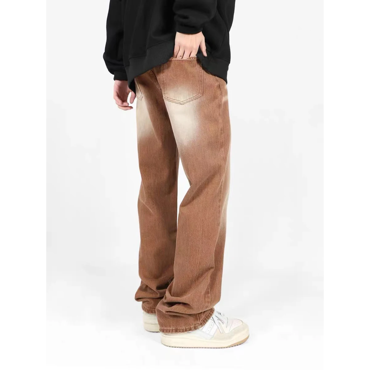 2022 Street Wear White Old Wash Water Pattern Pants Brown Loose Retro Straight Four Season Locomotive Handsome Men's Jeans