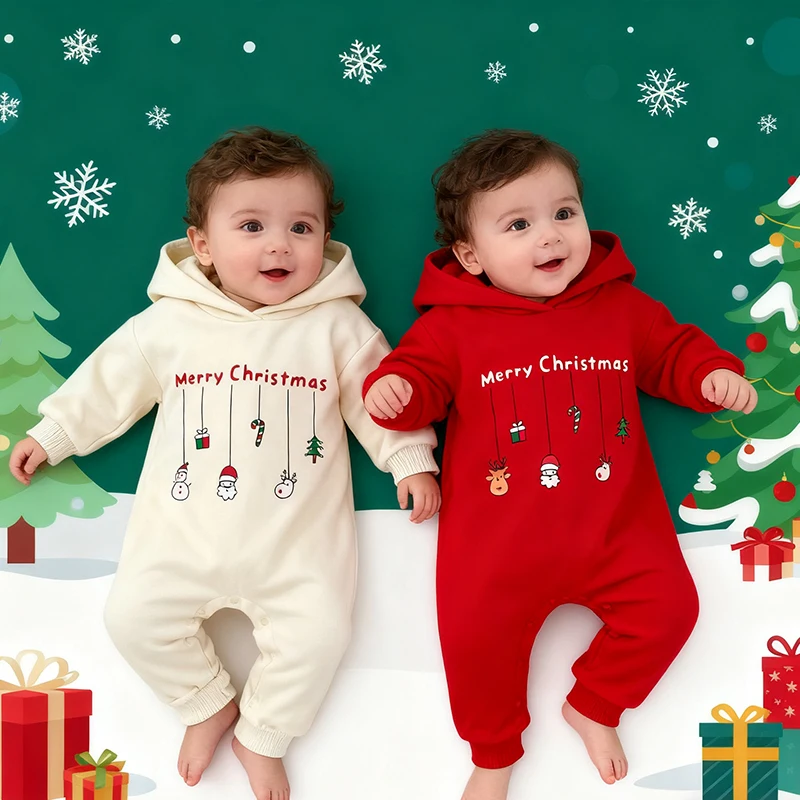2025 New Year Kids Clothing 0-24M Infant Baby Boys Girls Jumpsuit Hooded Cartoon Printing Plush Thicken Romper Christmas Costume