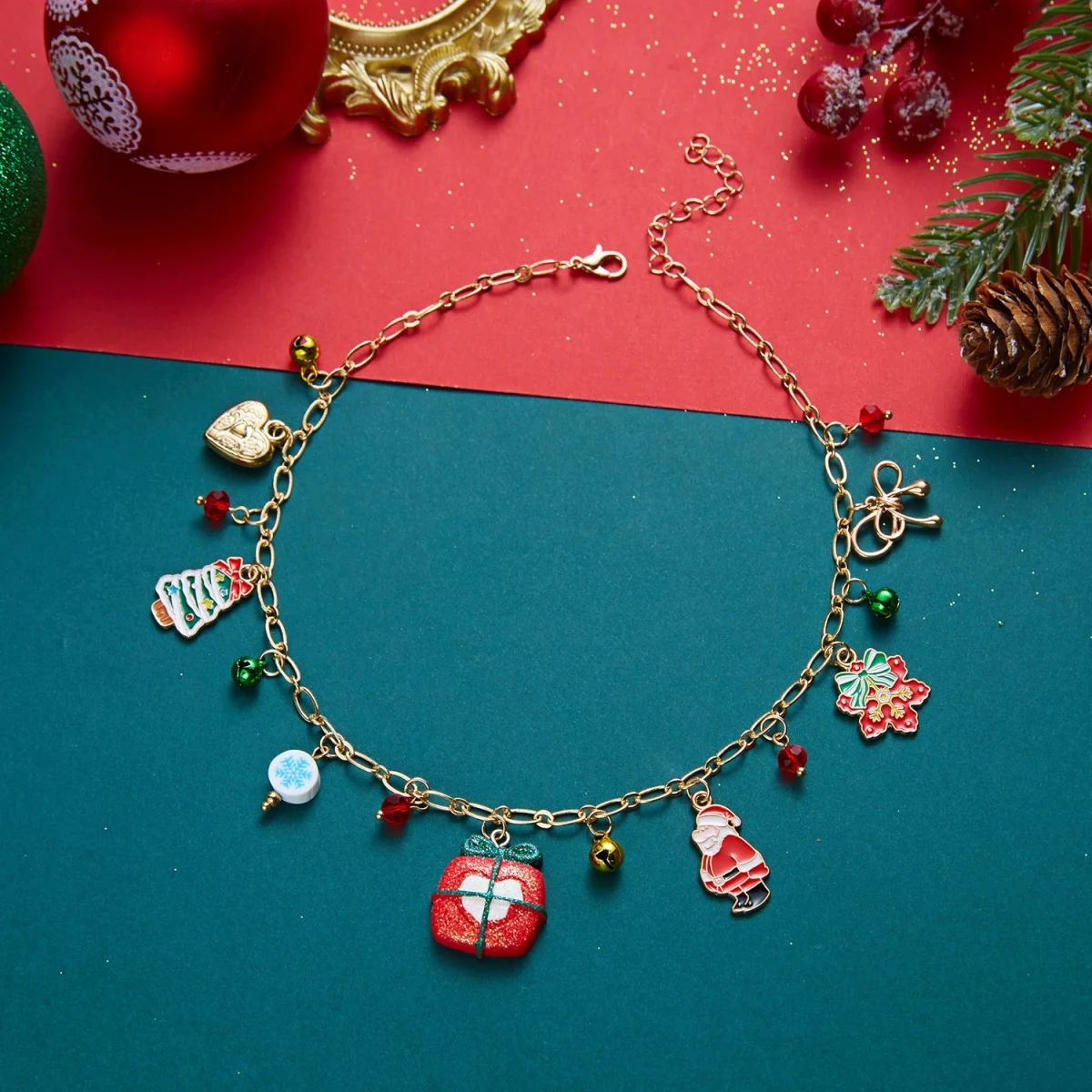 Weihnachts-Halskette mit Lebkuchenmann, Weihnachtsbaum, Hirsch, Schneeflocke, simulierten Perlen für Damen und Herren, Weihnachtsmann-Glocken, Choker, Party-Schmuck – Detail 27