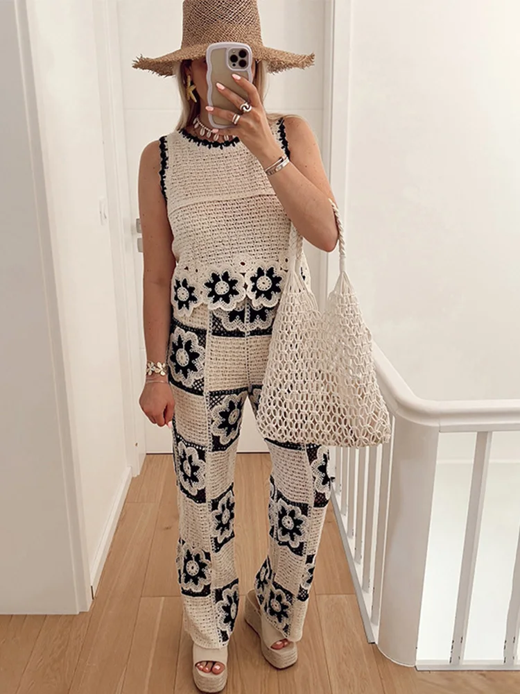 Casual Crochet Hollow Out Women Trouser Suits O-neck Sleeveless Loose Vest High Waist Pants 2024 Summer New Fashion Female Sets