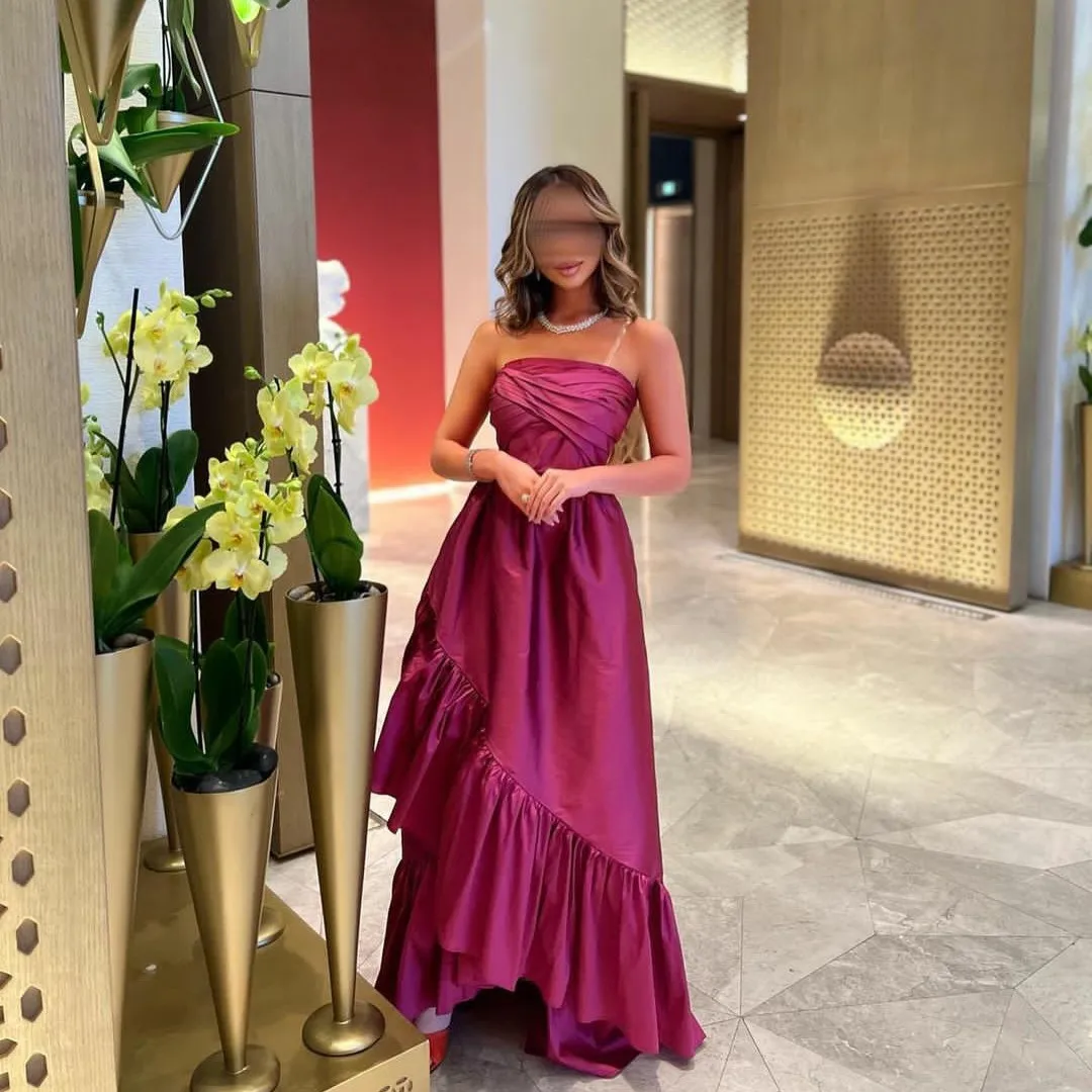 Classic Srapless Taffeta Evening Dresses With Ruffles فساتين السهرة A-Line Pleated Floor Length Dress Robe de soirée for Women