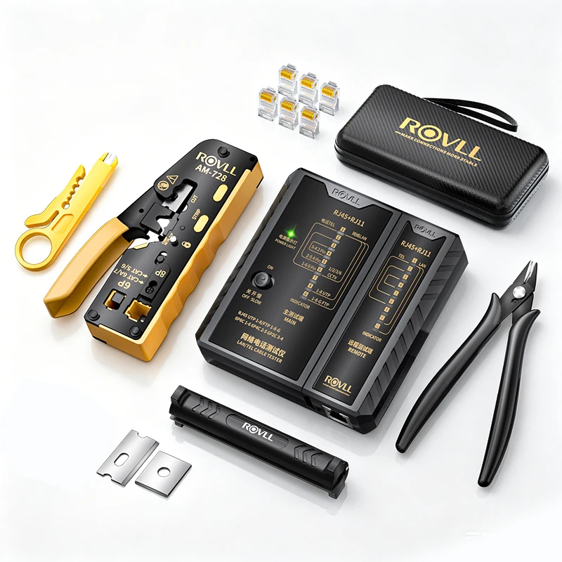ROVLL RJ45 Crimper Tool Kit With Cable Tester Ethernet Network Tool Set For Cat5e Cat6 Cat7 RJ11 Crimping Installation Kit