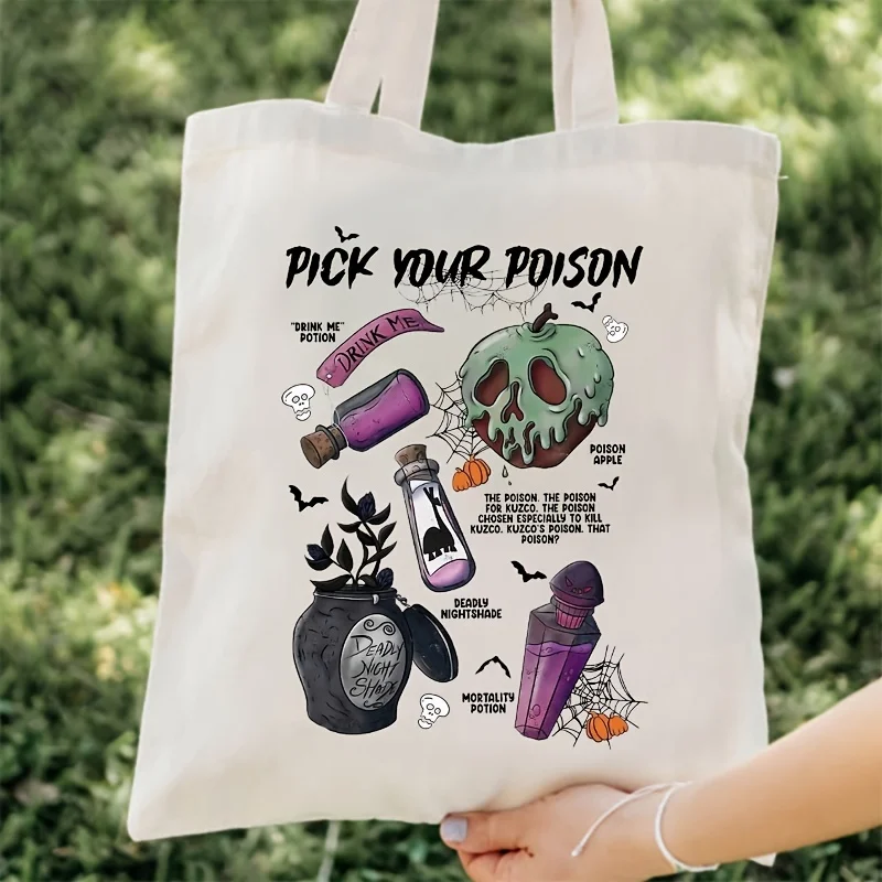 Pick Your Poison Pattern Tote Bag, Funny Halloween Canvas Gift Bag, Portable Shoulder Bag For Shopping