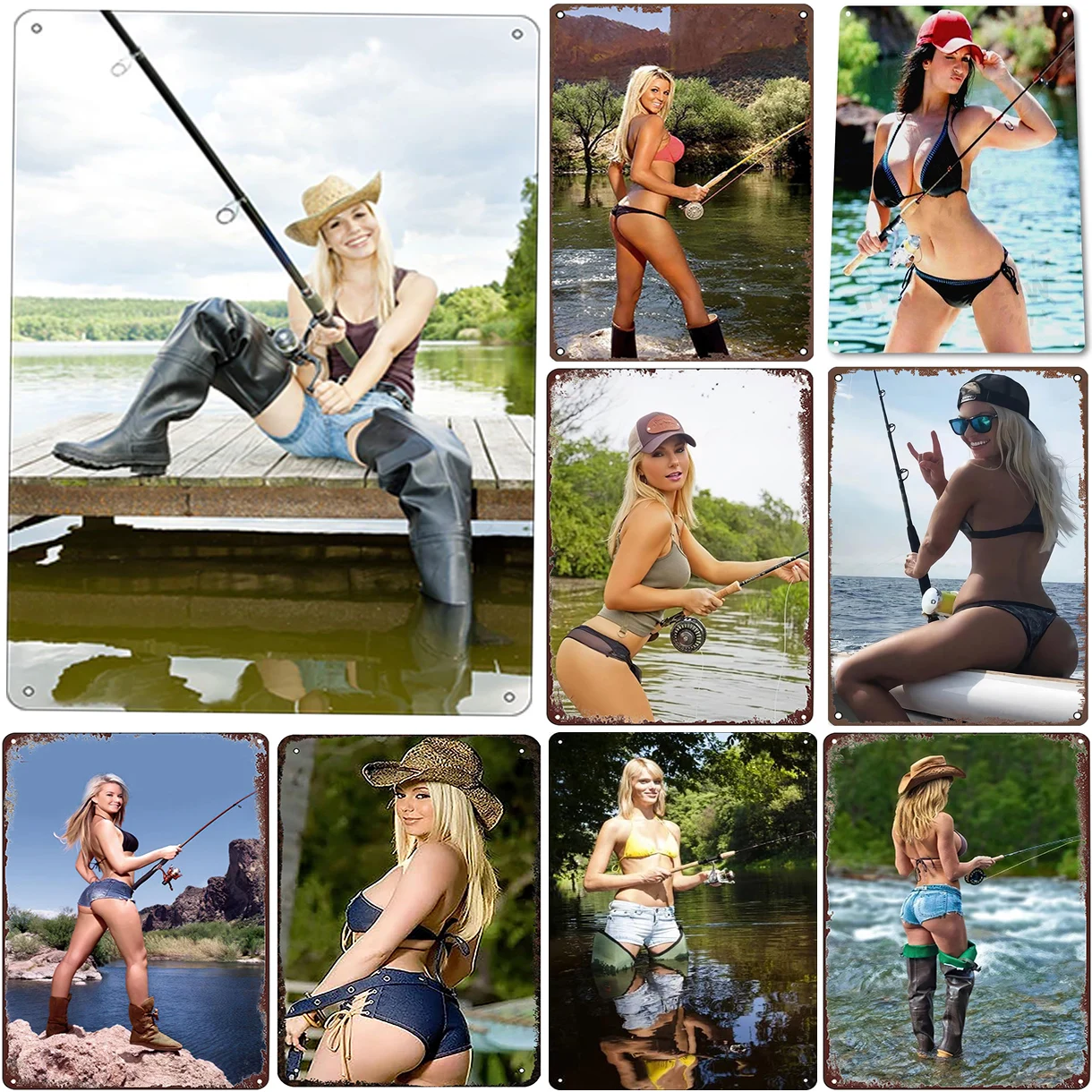 Metal Tin Signs Pinup Fishing Girls Wall Decoration Plaque Vintage Poster Iron Painting for Man Cave Home Cafe Garden Club Ba