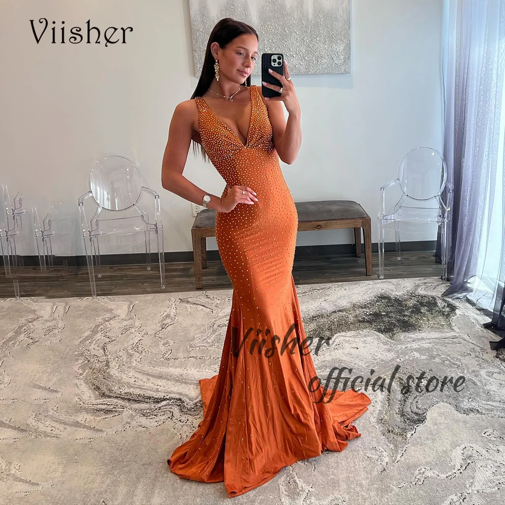 

Dusty Orange Mermaid Evening Dresses for Women Beaded Satin Bodycon Long Prom Dress V Neck Sleeveless Formal Party Gowns