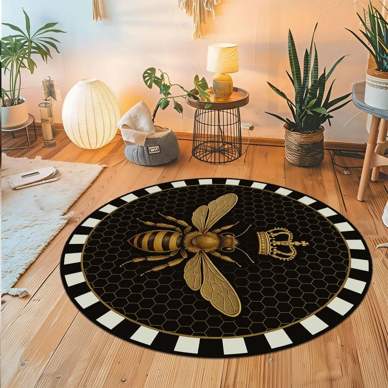French Honeycomb Round Floor Mat Luxury Gold Bee Printed Circular Rug Non-Slip Washable Carpets For Sofa Bedroom Decor