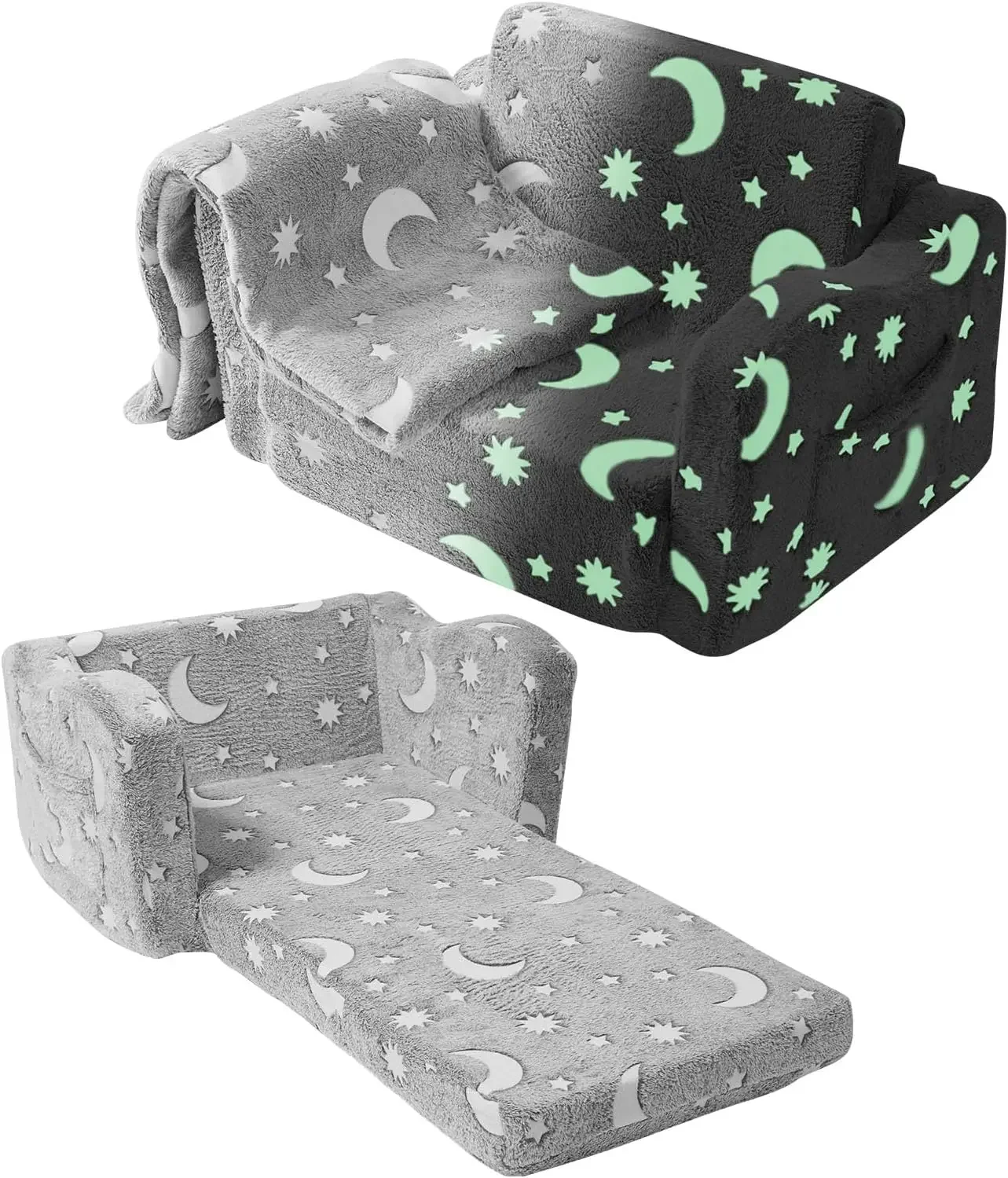 Fold-Out Kids Sofa, Glow-in-The-Dark Kids Couch Chair, 2-in-1 Children Convertible Sofa to Lounger