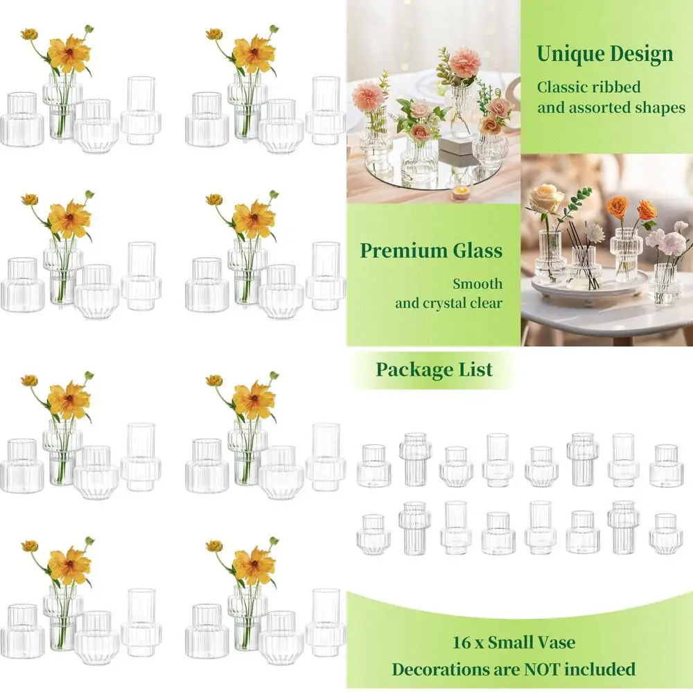 

Set of 16 Small Clear Glass Ribbed Bud Vases for Centerpieces - Ideal for Weddings, Baby Showers, and Home Decor