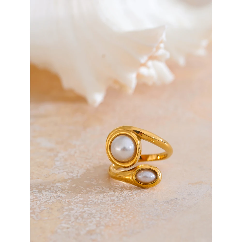 Yhpup Elegant Simulated Pearls Geometric Charm Ring 18K Gold Color PVD Plated Stainless Steel Trendy Finger Jewelry